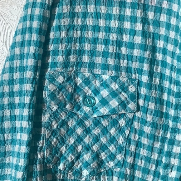 Joe Boxer - Sz L - Green blue Checkered crinkled button down w/ white lace back - Picture 4 of 7